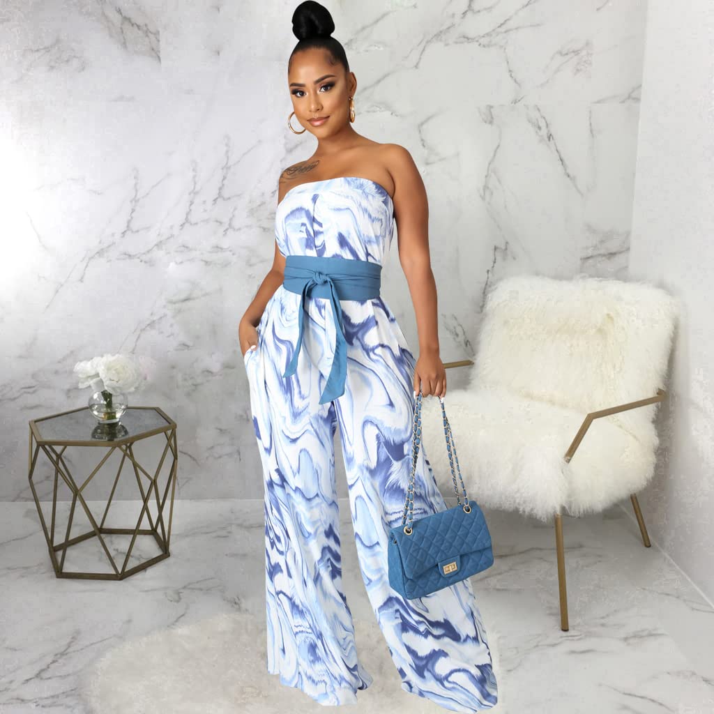 LightlyKiss Women's Summer Sexy Sleeveless Jumpsuit Fashion Open Back Jumpsuits Elegant Wide Leg Pants Rompers Blue.