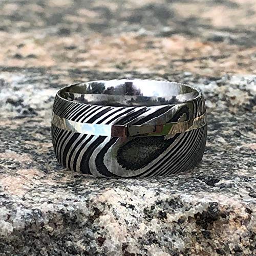 Matching Damascus Rings with 14k White Gold Inlay and Woodgrain Finish