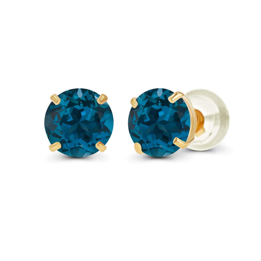 Genuine 14K Solid Yellow Gold 6mm Round Natural London Blue Topaz December Birthstone Stud Earrings