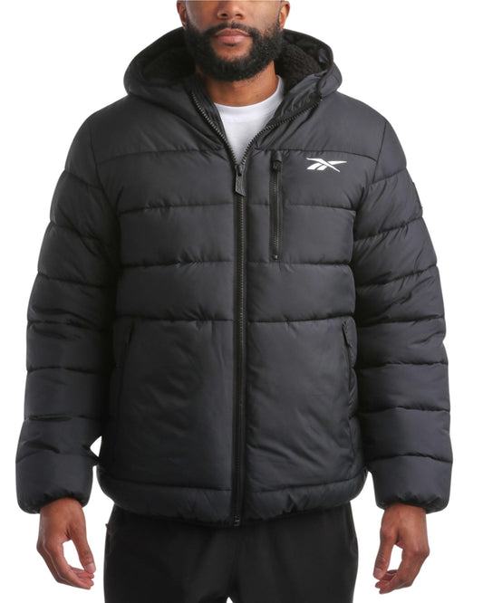 Reebok Men's Winter Jacket - Heavyweight Quilted Puffer Parka Coat - Ski Jacket for Men, Sherpa Lined Hood (S-XL), Size Large, Jet Black