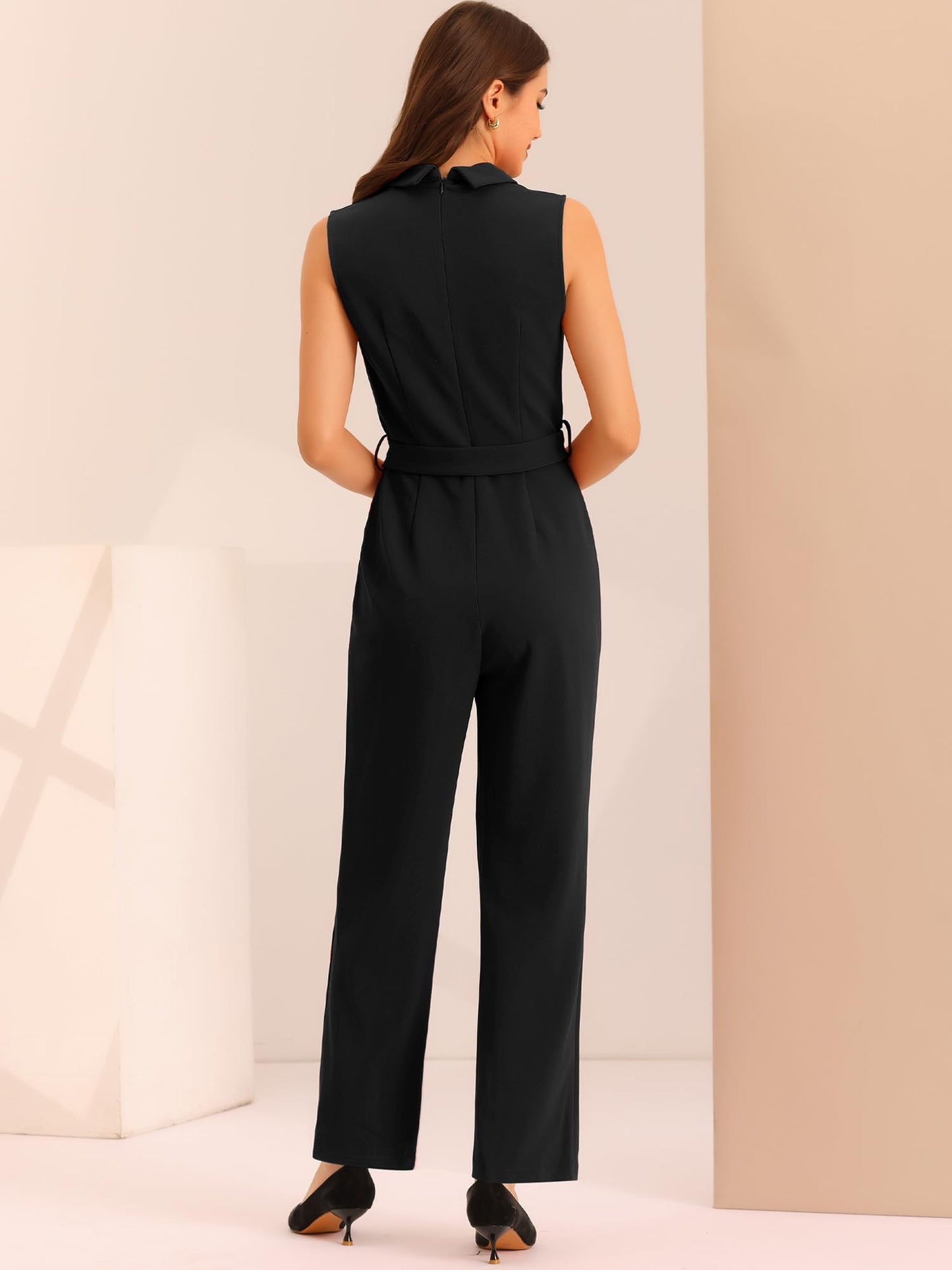 Allegra K Women's Work Jumpsuit Formal Office One Piece Sleeveless Belted 2024 Jumpsuits Dressy Romper Small Black