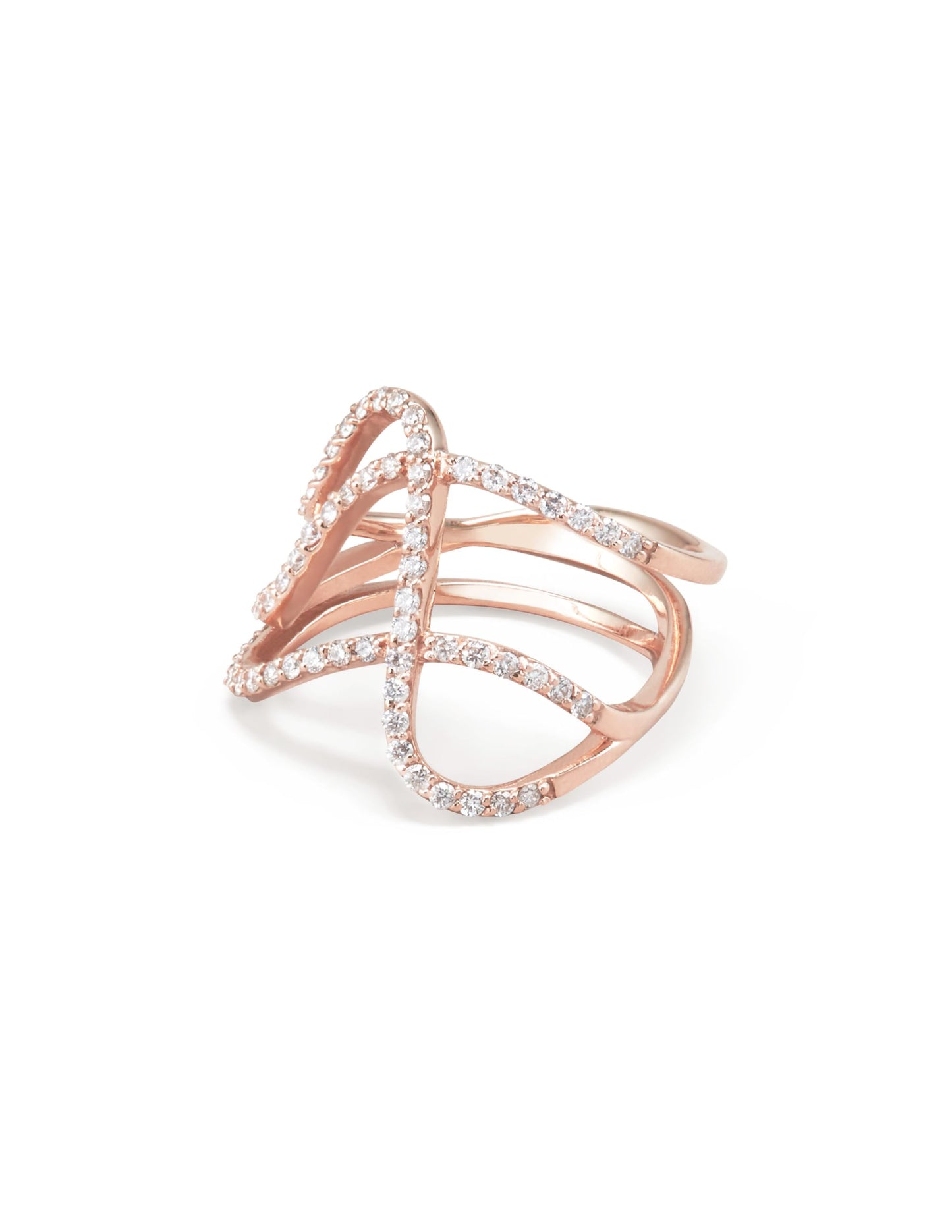 14K Rose Gold Three Row Curved Diamond Pavé Ring, Size 7, Rose Gold