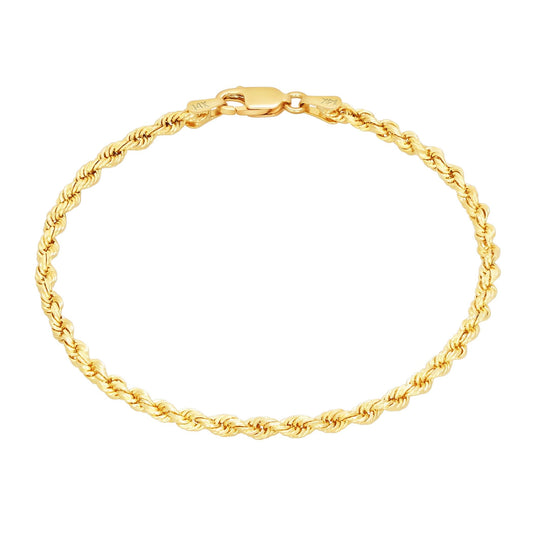 Nuragold 14k Yellow Gold 2.5mm Solid Rope Chain Diamond Cut Link Bracelet or Anklet, Mens Womens Jewelry 7" 7.5" 8" 8.5" 9"