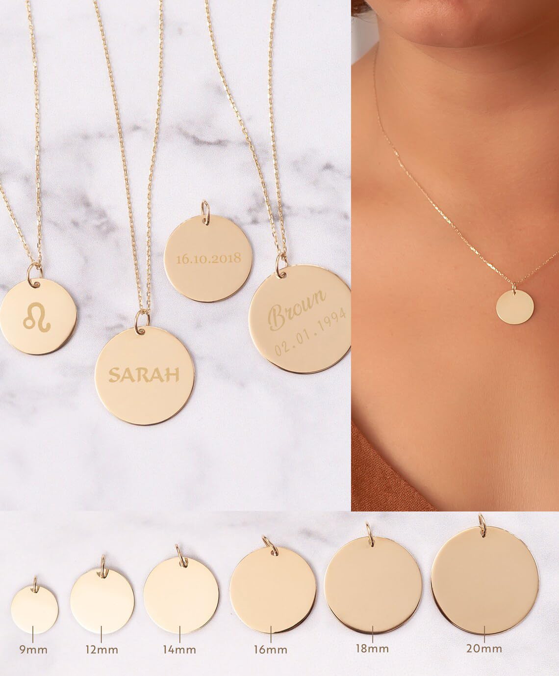 14K Solid Custom Engrave Disk Necklace, Personalized Dainty Solid Gold Charm Pendant, Real Gold 2 Side Engravable Multi Disc Pendant Gift