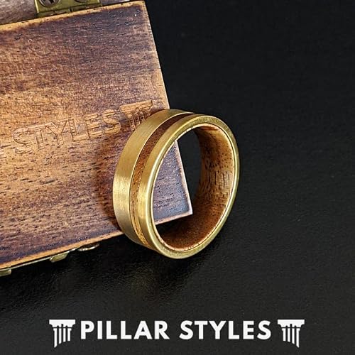Koa Wood Ring 14K Gold Tungsten Rings for Men Wedding Band Wooden Offset Inlay Comfort Fit Golden Brushed Unique Viking Rings