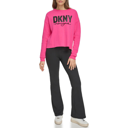 DKNY Women's Performance Raw Edge Glitter Script Logo Cropped, Peacock Pink