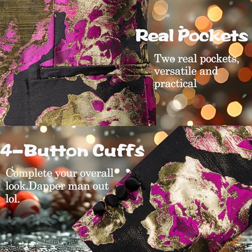 Barry.Wang Mens Gold Suit Flowers Blazer Pink Jacket Floral Jacquard Notched Lapel Tuxedo Luxury Sport Coat Anniversary Cruise Banquet