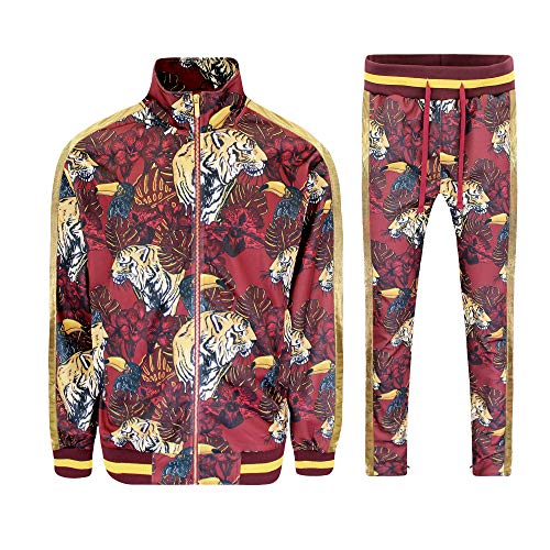 G-Style USA Men's Set Royal Floral Tiger Accent Track Suit ST559 - Burgundy - 2X-Large