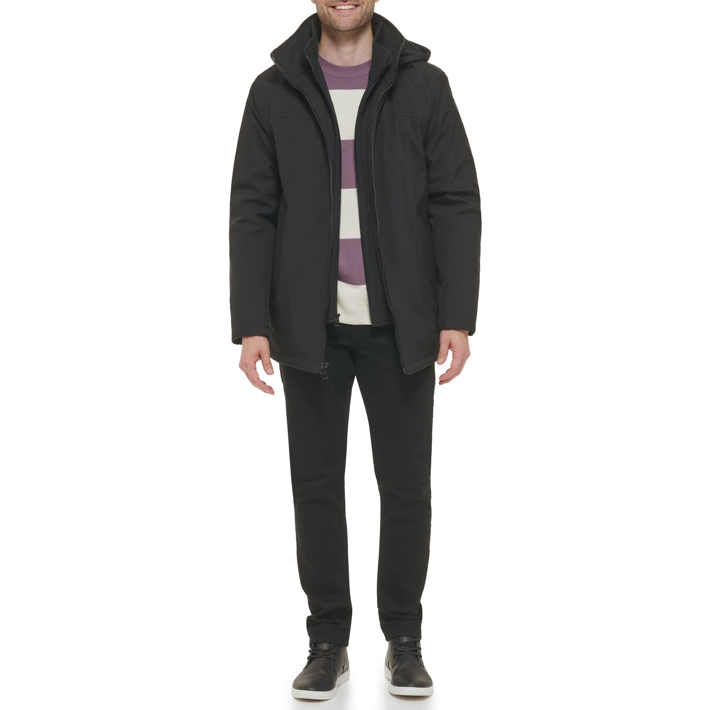 Calvin Klein Men's Rip Stop Hooded Jacket With Inner Fleece Bib, Deep Black, Medium