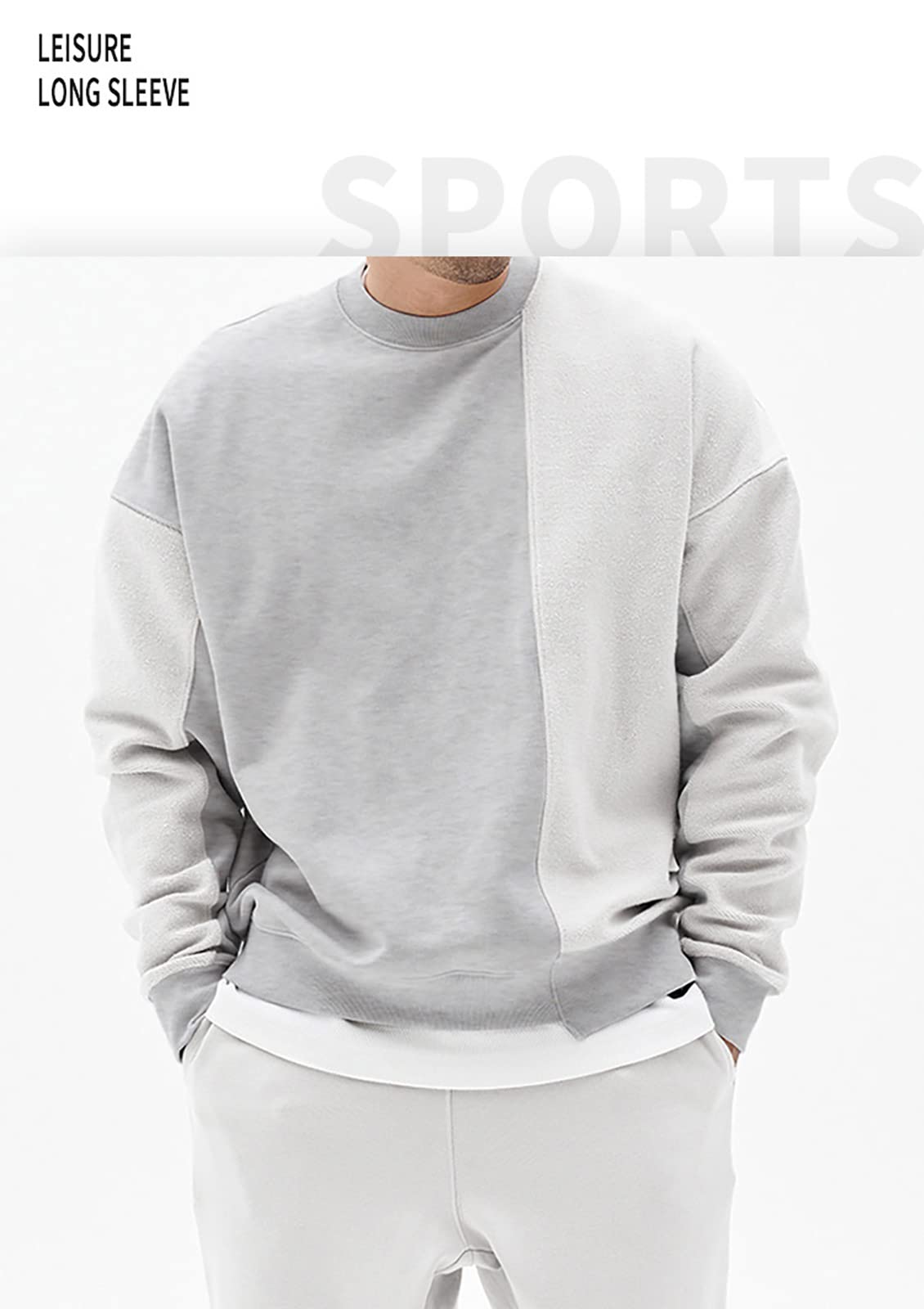 Surenow Mens Patchwork Crewneck Sweatshirt Long-Sleeve Lightweight Terry Sweatshirt Casual Workout Pullover Shirt Tops Grey