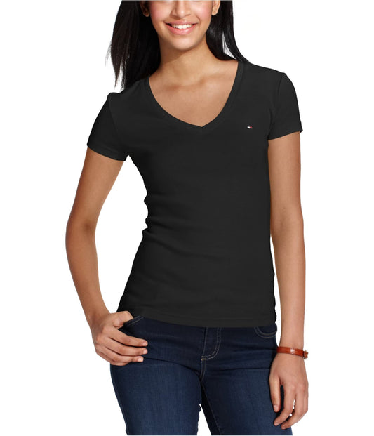 Tommy Hilfiger Women's Short Sleeve V-Neck Flag T-Shirt, Black, XXL