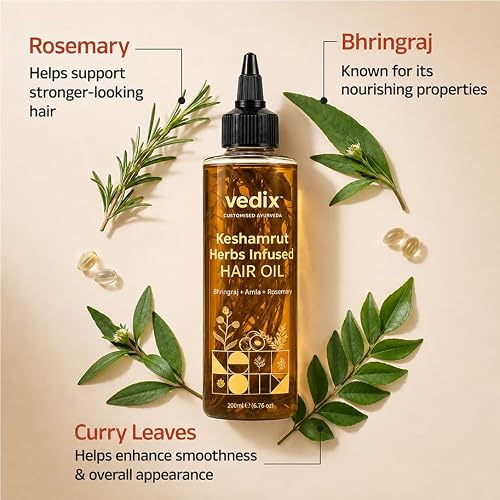 Vedix Keshamrut Herbs Infused Ayurvedic Hair Oil With Bhringraj, Amla & Rosemary I Control Hair Fall & Boost Hair Growth I 16+ Whole Herbs, Leaves & Flowers I No Mineral Oils & Chemicals (Pack of 3)