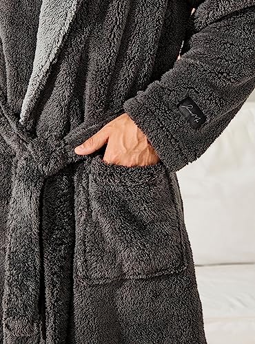 SlumberMee Mens Robe with Hood, Heavyweight Plush Fleece Bathrobe for Men, Full Length Soft Shu Velveteen House Coat with Secure Sewn-in Belt and Deep Pockets(Dark Grey, M)