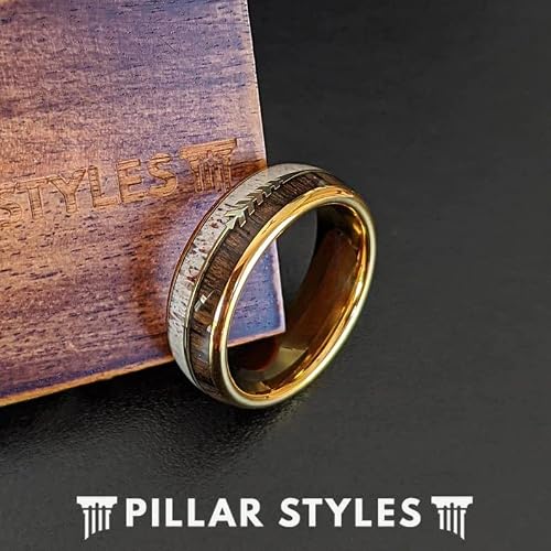 Pillar Styles 14K Gold Antler Wedding Band with Koa Wood and Arrow Inlay - Men's & Women's Unisex Rustic Boho Ring