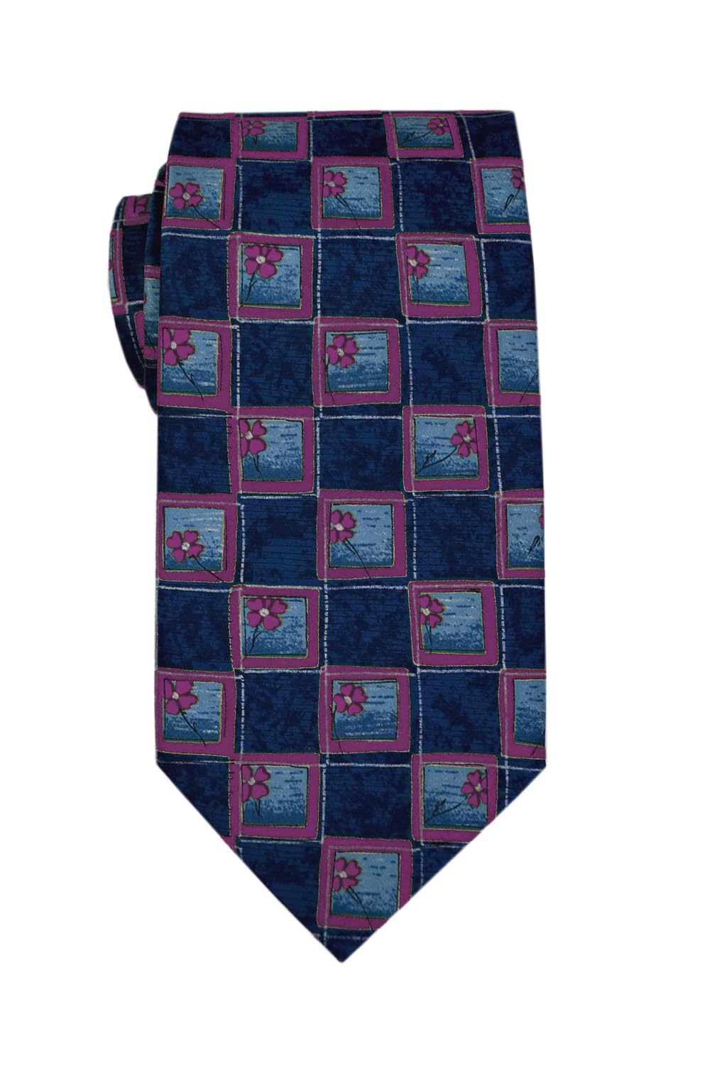 Remo Sartori Made in Italy Blue Flower Pattern Necktie, 3.34'' Width, Print Silk