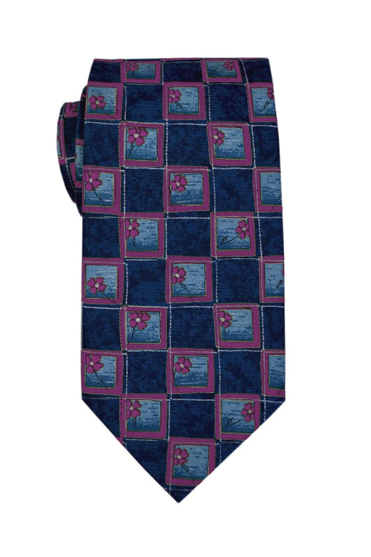 Remo Sartori Made in Italy Blue Flower Pattern Necktie, 3.34'' Width, Print Silk