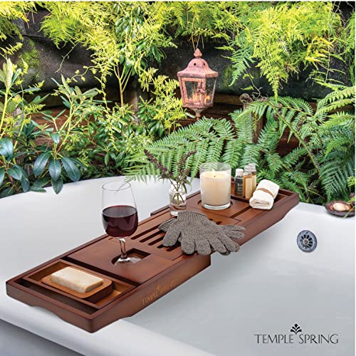 Temple Spring Bamboo Bathtub Tray Caddy for Tub — Expandable Wood Bath Tray with Solid Book Stand Wine Holder and Non-Slip Pads — Includes Bamboo Soap Dish and Spa Accessories — Luxury Bath Gift Set