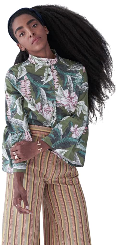 Cotton Mandarin Collar Bell Bottom Sleeve Shirt, Green, XL