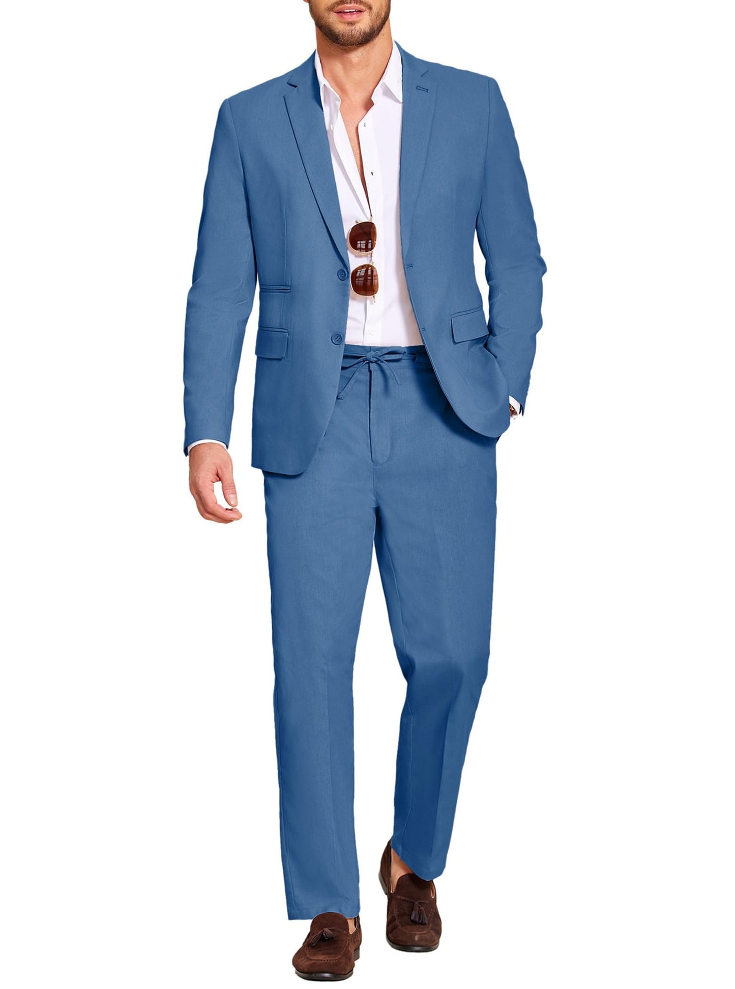COOFANDY Men's 2 Piece Cotton Linen Suit Slim Fit Casual Wedding Groomsmen Tuxedo Prom Party Jacket Pants Set Blue