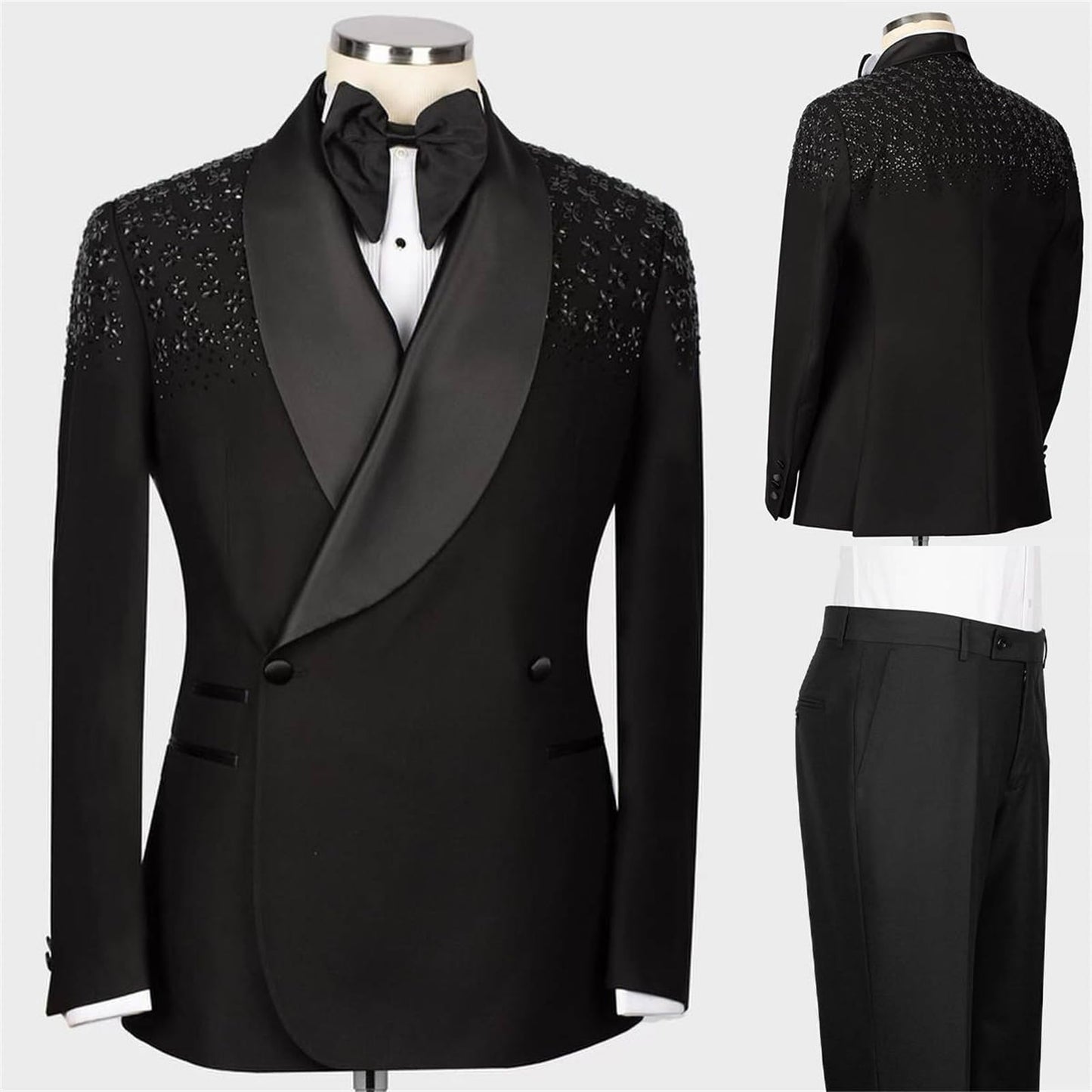 Manviss Luxury Mens 2 Pieces Suit Slim Fit Dinner Tuxedo Blazers Pants Outfit with Rhinestone for Prom,Party,Wedding