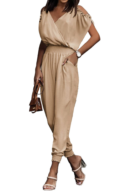 PRETTYGARDEN Jumpsuit for Women Casual Wrap V Neck Cold Shoulder One Piece Outfits Pants Romper (Khaki,Small)