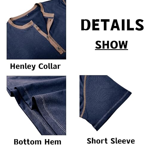 Mens Casual Short Sleeve Henley Shirts Classic Summer T-Shirt v Neck Lightweight Tee Navy