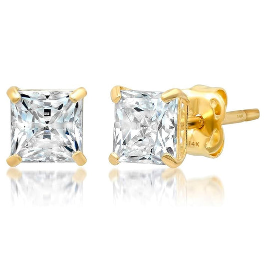 MAX + STONE 14k Yellow Gold Princess Cut CZ Earring for Women & Men | Cubic Zirconia Square Stud with Gold Earring Backs | 1.5 Carats total