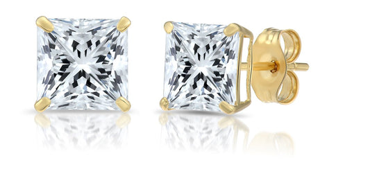 Solid 14k Yellow Gold Square Solitaire Cubic Zirconia Princess-cut CZ Stud Earrings for men and women (6mm)