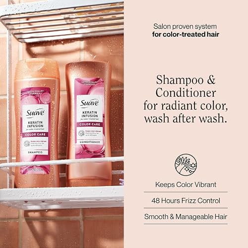 Suave Keratin Shampoo and Conditioner Set, Color Care – Keeps Color Vibrant + 48 Hour Frizz Control, 12.6 Oz Ea