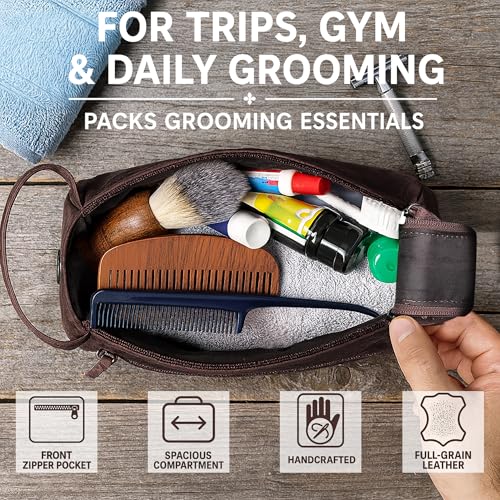 Leather Toiletry Bag for Men - Full Grain Travel Dopp Kit & Shaving Bag
