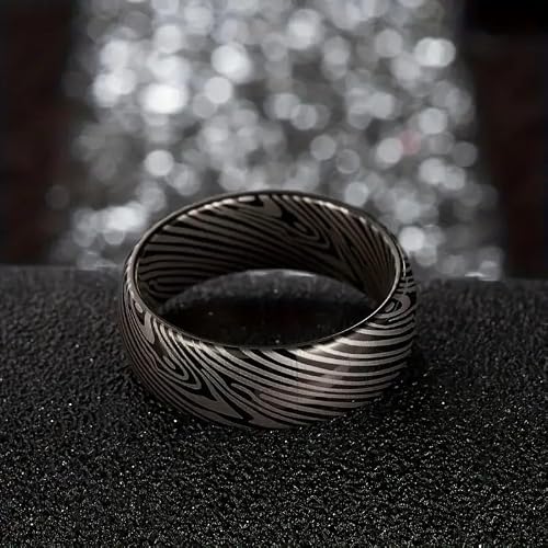 Damascus Steel Ring for Men Women - 8mm Wide Hand-Forged Pattern, Black & Metallic Swirl Textured Band, Hypoallergenic Wedding Ring, Size 7-13 (Damascus texture, 11)