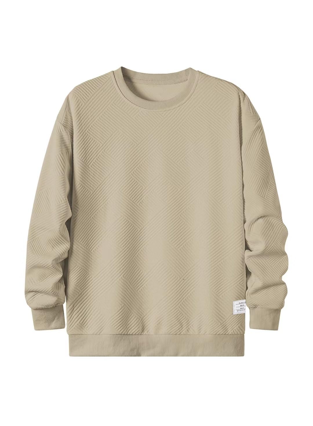 Dokotoo Men Men's Long Sleeve Sweatshirt Casual Crewneck Geometric Texture Soild Color Pullover Sweatshirts Khaki Large