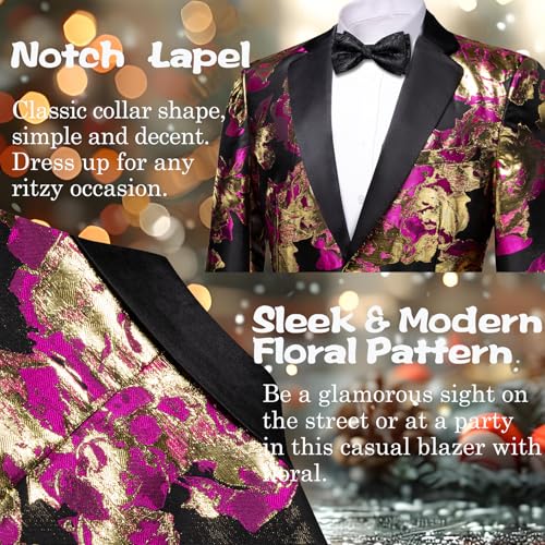 Barry.Wang Mens Gold Suit Flowers Blazer Pink Jacket Floral Jacquard Notched Lapel Tuxedo Luxury Sport Coat Anniversary Cruise Banquet