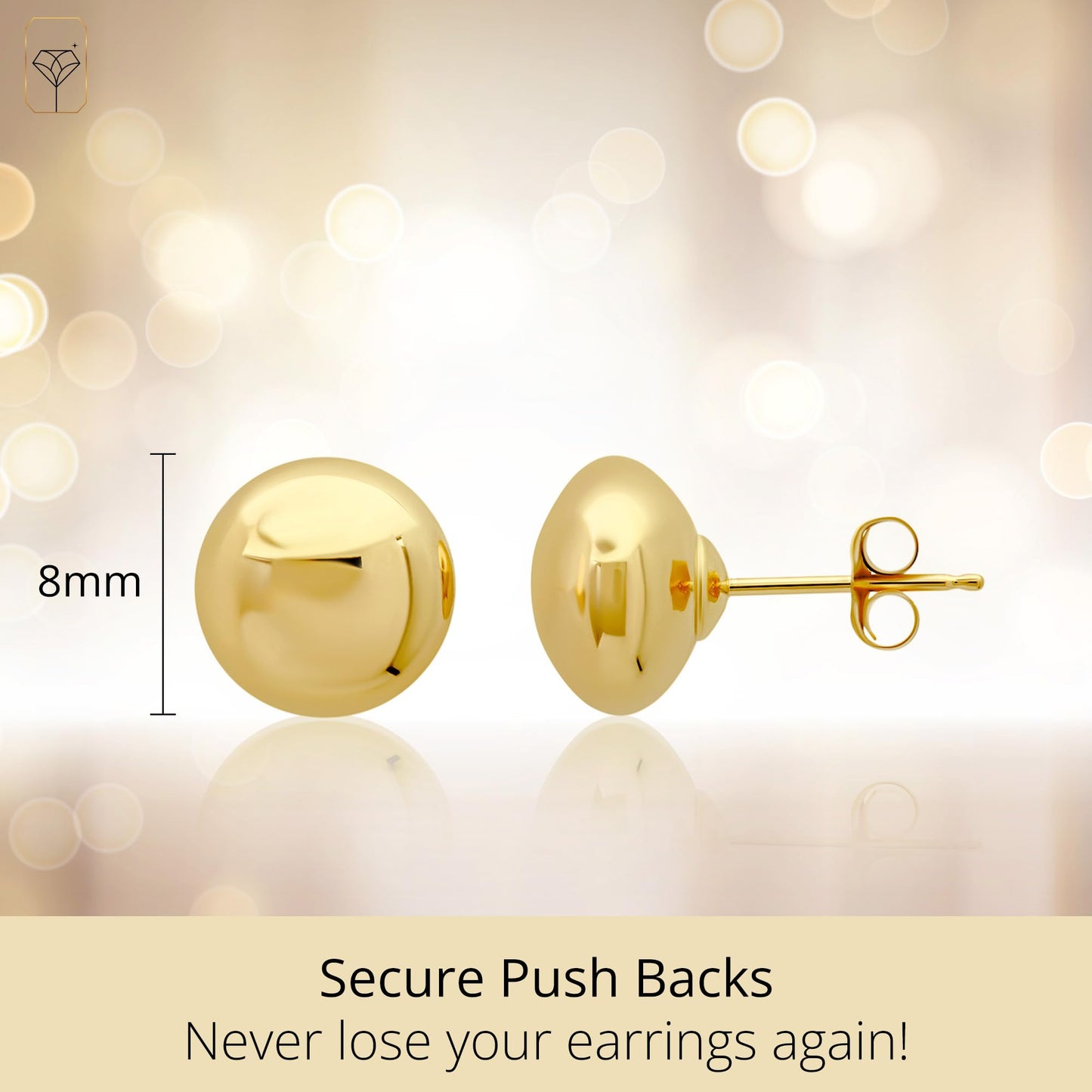 MAX + STONE Yellow Large Gold Ball, 14k Real Gold Stud Earrings for Women Men, 8MM Real Gold Post, Half Button Earrings