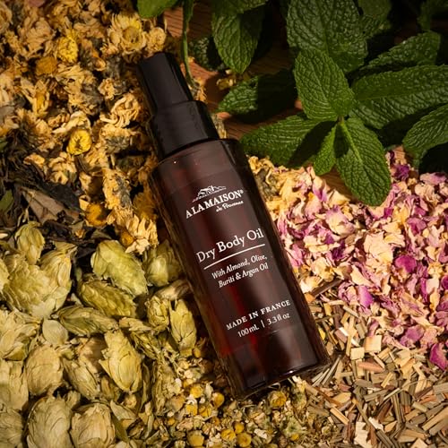 A LA MAISON Dry Body Oil Spray – Lightweight After-Shower Body Oil with Argan, Sweet Almond & Buriti Oils – Moisturizing & Fast-Absorbing, Made in France 3.3 oz – Amber Collection