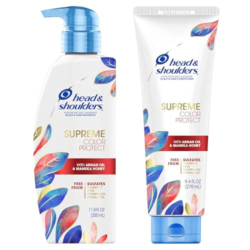 Head & Shoulders Anti-Dandruff Shampoo and Conditioner Set, Supreme Color Protect, 1% Pyrithione Zinc, Sulfate-Free, Argan Oil and Manuka Honey, 11.8 fl oz & 9.4 fl oz