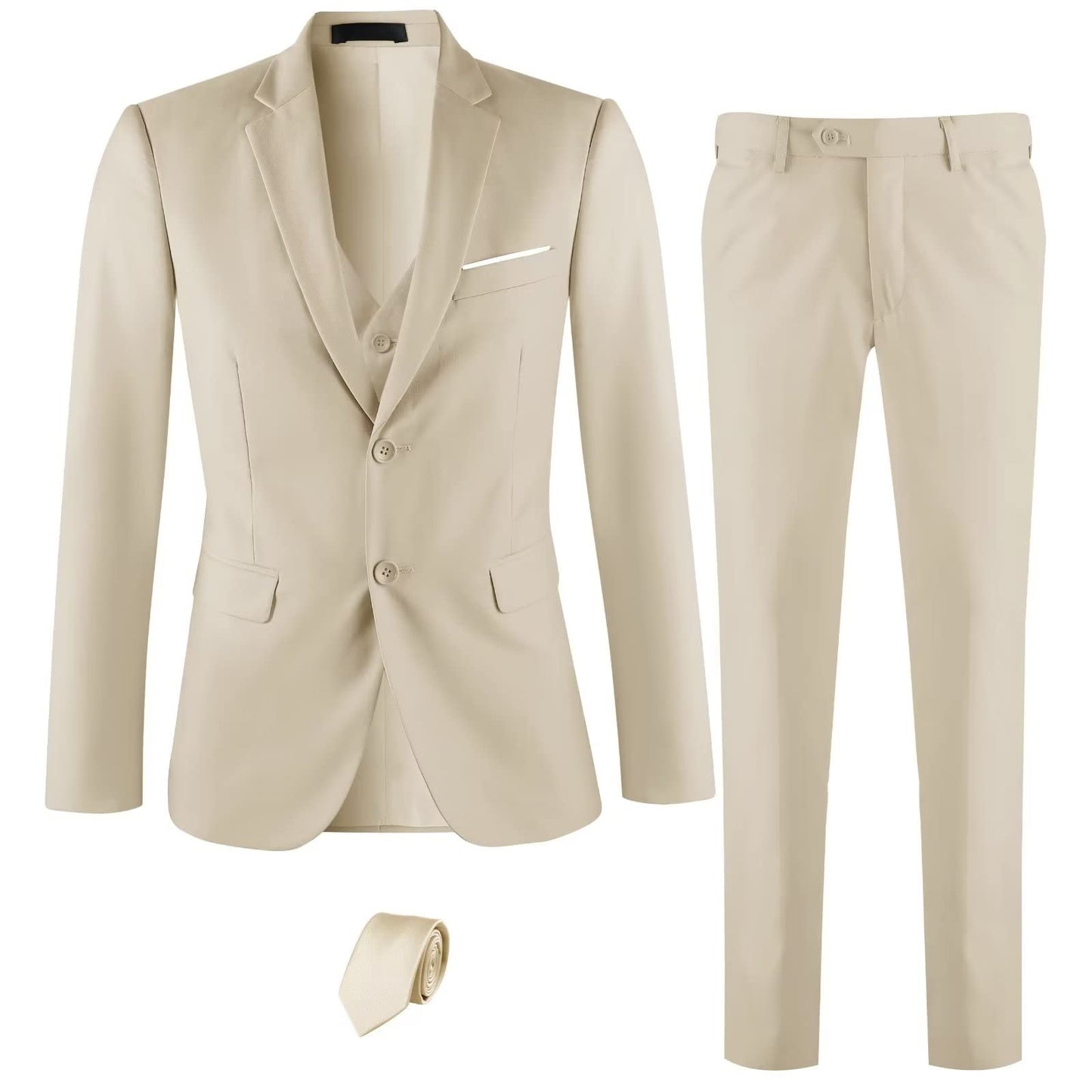 Men's Slim Fit 3 Pieces Suit, 2 Buttons Beige Blazer Vest Pants with Tie Set, Business Wedding Tuxedo M