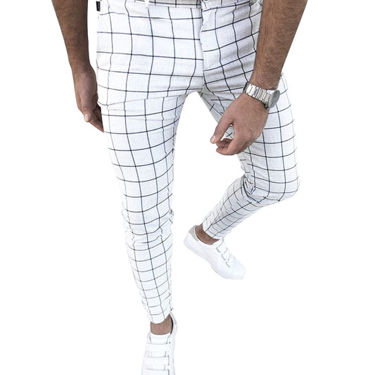 Men's Fashion Stretch Dress Pants Slim Fit Plaid Skinny Long Casual Business Golf White
