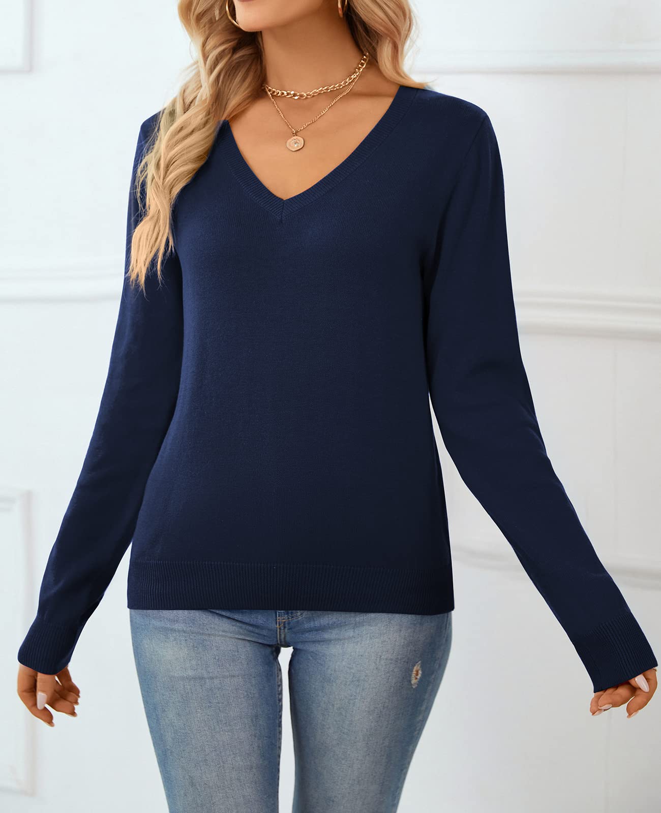 QUALFORT Women's 100% Cotton Sweater V Neck Long Sleeve Knitted Sweaters Navy Medium