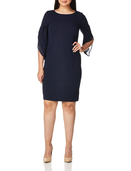 DKNY womens Sheath With 3/4 Chiffon Sleeve Dress, Navy, 10 US