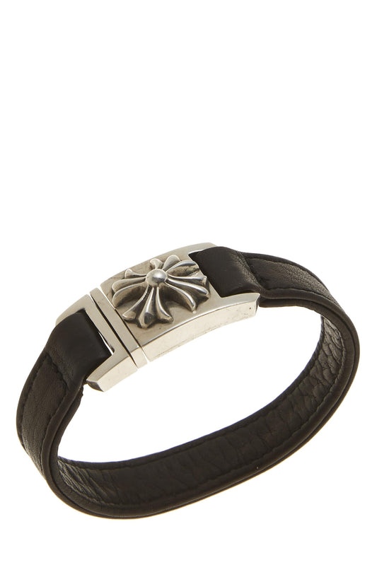 Chrome Hearts, Pre-Loved Brown Leather & Sterling Silver Cross Bracelet, Brown