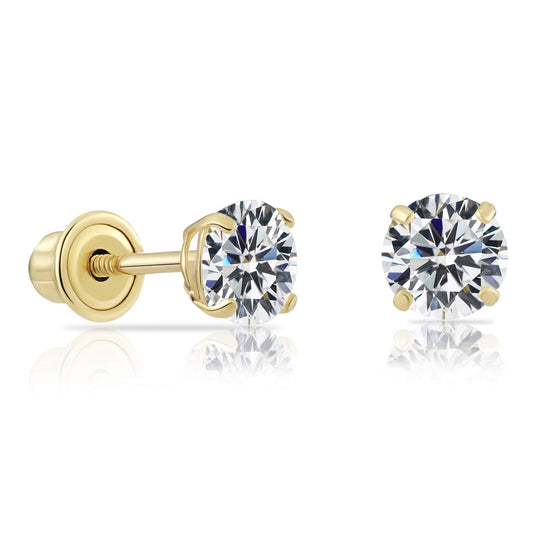 14k Yellow Gold Solitaire Round Cubic Zirconia Stud Earrings in Secure Screw-backs (5mm)…