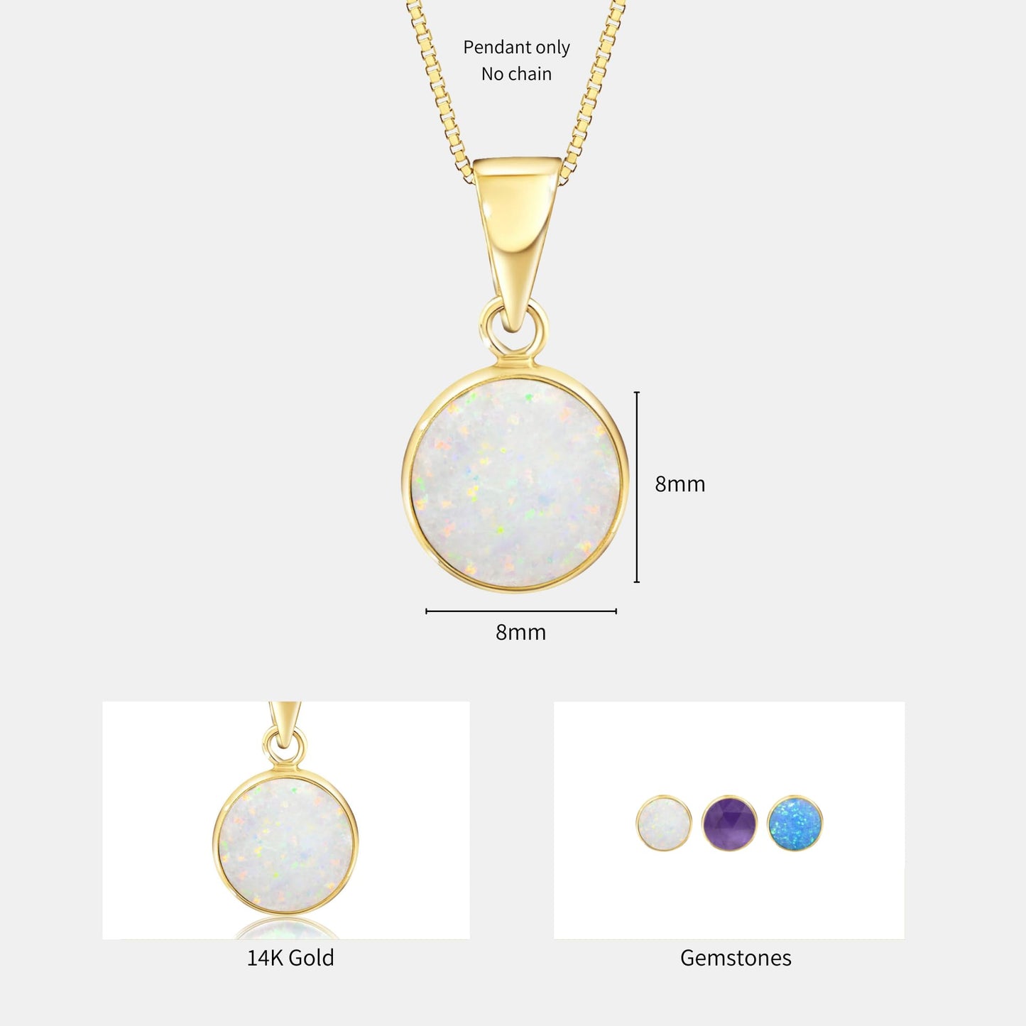 14K Gold White Opal Pendant - 14K Solid Yellow Gold Dainty Pendant with October Birthstone, Simple 8mm Size Round Opal Gemstone - Delicate Handmade Jewelry for Classy Women
