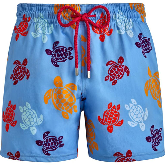 Vilebrequin Men Stretch Swim Trunks Multicolored Turtles, L, Flax Flower