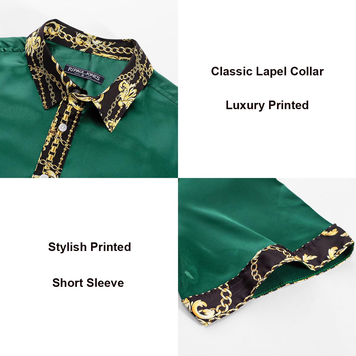 Mens Luxury Printed Satin Dress Shirts Wrinkle Free Short Sleeve Cool Beach Tops Dark Green XL