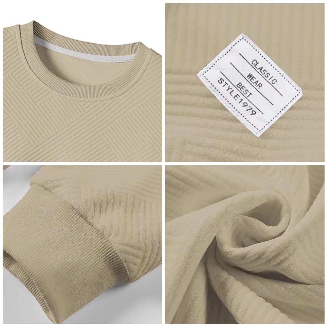 Dokotoo Men Men's Long Sleeve Sweatshirt Casual Crewneck Geometric Texture Soild Color Pullover Sweatshirts Khaki Large