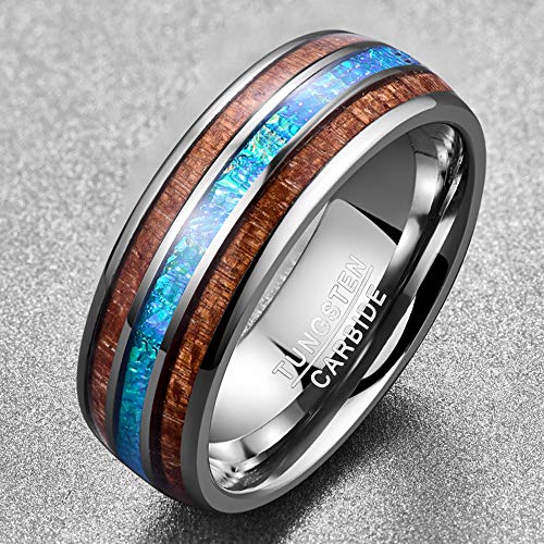 Vakki Mens Silver Tungsten Wedding Band, Blue Opal Inlay, 8mm Size 10