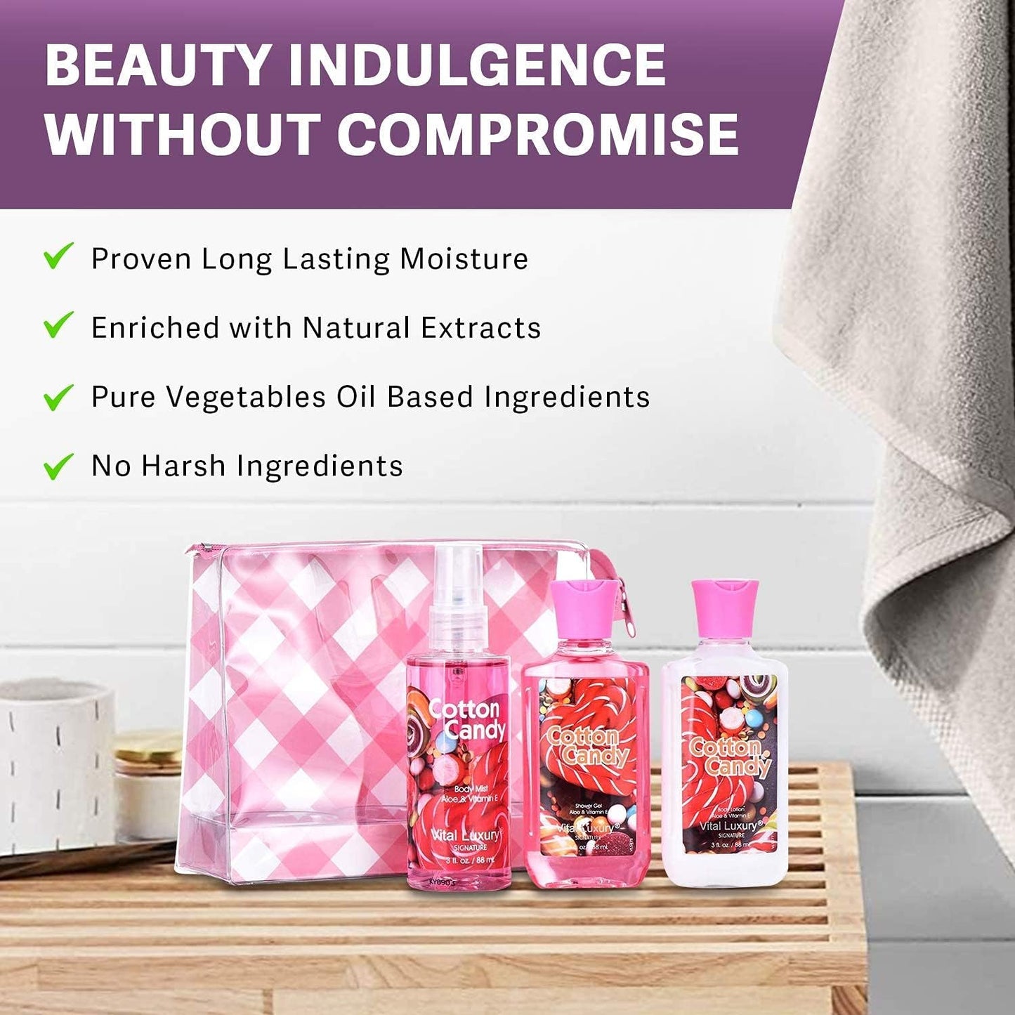 Vital Luxury Cotton Candy Bath & Body Travel Kit, 3 Fl Oz, Ideal Skincare Gift Home Spa Set, Includes Shower Gel, Body Lotion and Fragrance Mist, Christmas Gifts for Your Family and Friends