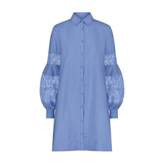 Cotton Poplin Lace Inset Full Sleeve Shirt Dress, 12, Oxford