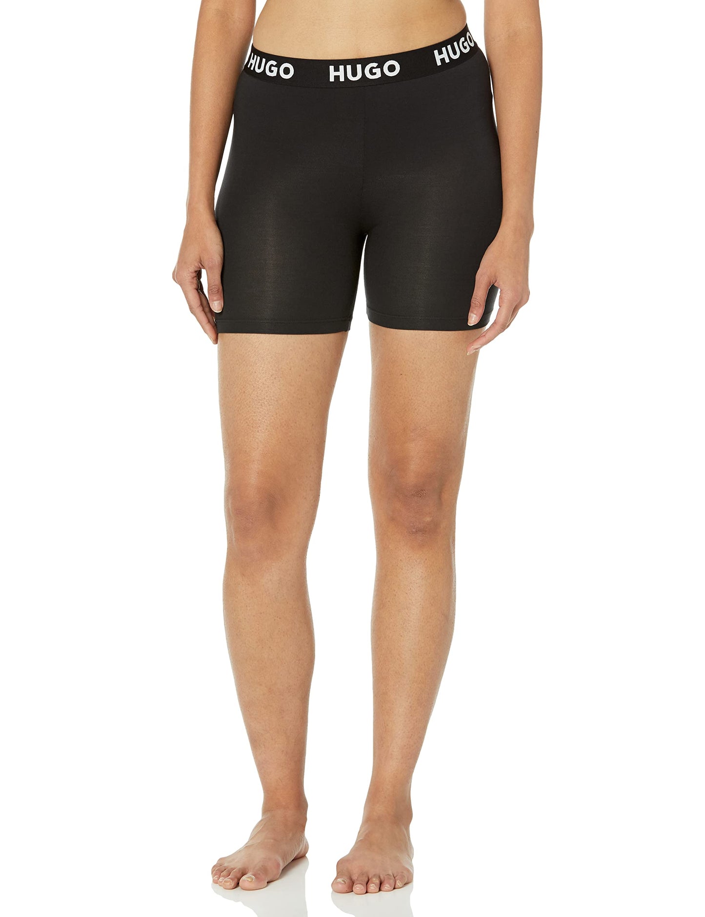 HUGO By Boss Womens Exposed Waistband Logo Collar T-shirt Shorts And Set, Solid Black/Bright Alabaster, Large US